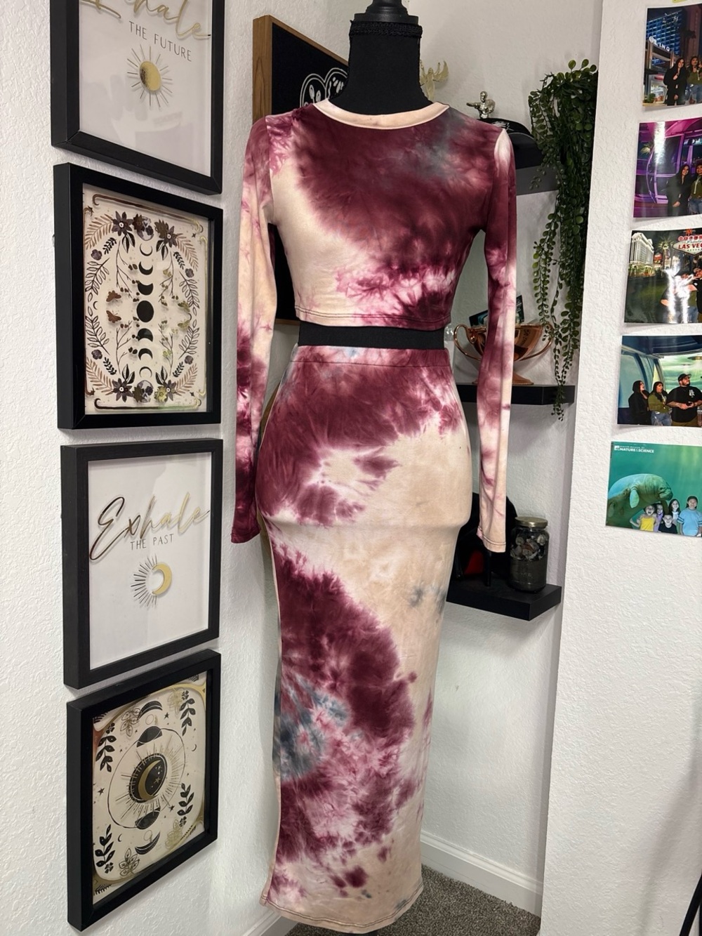 Hey Sammy 2Piece Set Maxi Skirt Crop Top TieDye Burgundy Grey Bodycon Size Small